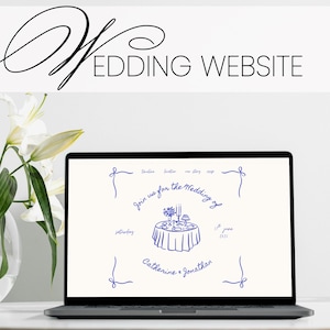 May include: A laptop displays a wedding website design with the text "Wedding Website" at the top. The screen shows a blue sketch of a table setting and the words "Join us for the Wedding of Catherine & Jonathan."