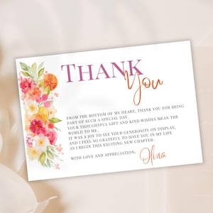 Modèle de carte de remerciement aux agrumes modifiable sur Canva Main Squeeze Orange Floral Bridal Shower Wedding Bachelorette Printable Thank You Note Set DIY