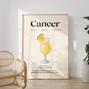 Póster de cóctel del zodiaco con impresión de cáncer, regalo divertido, impresión digital, descarga, arte de pared de moda, impresión del signo zodiacal, decoración de pared de los años 70, arte imprimible del aura, bricolaje