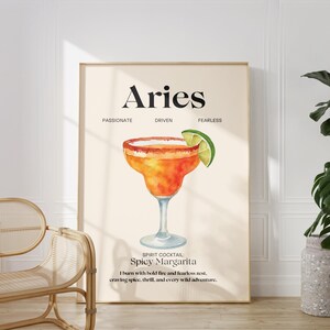 Póster de cóctel del zodiaco con impresión de Aries, regalo divertido, impresión digital, descarga, arte de pared de moda, impresión del signo zodiacal, decoración de pared de los años 70, arte imprimible del aura, bricolaje