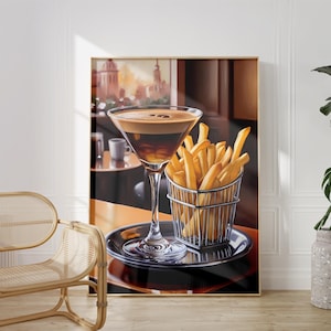 Impresión artística de espresso martini, póster de cóctel, decoración de carrito de bar, letrero de bebida de firma vintage, arte de pared moderno, póster digital retro de papas fritas de bricolaje