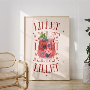 Póster de cóctel con impresión artística de Wildberry Lillet, decoración de carrito de bar, letrero de bebida de firma vintage, tendencia de arte de pared, póster digital minimalista retro de Lillet