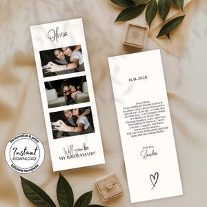 Modèle de bande photo « Veux-tu être ma demoiselle d'honneur » avec carte de proposition de demoiselle d'honneur modifiable sur Canva, invitation de fête de mariage moderne