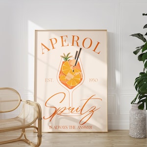 Póster de cóctel Aperol Spritz con impresión artística, decoración de carrito de bar, letrero de bebida de firma vintage, arte de pared moderno, póster digital minimalista retro de Aperol