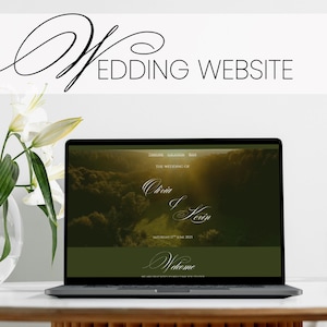 May include: A laptop displaying a wedding website with the text "Wedding Website" in a script font. The website features a green and gold color scheme with the names "Olivia & Kevin" and the date "Saturday 27th June 2025". A vase of white flowers is on the left.