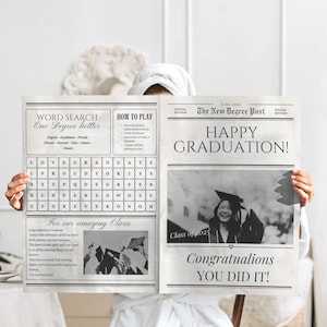 Afstudeercadeau, krant, bloemenboeket, wikkel, Canva-sjabloon, bewerkbaar, gepersonaliseerd, afdrukbaar cadeau, pas afgestudeerd, universiteitsafstudeercadeau, doe-het-zelf