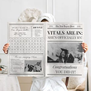 Cadeau voor een verpleegkundige in de krant, bewerkbaar boeket bloemen inpakken, Canva-sjabloon, gepersonaliseerd, afdrukbaar, cadeau voor een verpleegkundige in de universiteit, doe-het-zelf