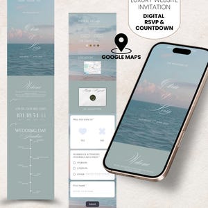 May include: A digital wedding invitation displayed on a smartphone and a website layout. The design features a sea and sky background, with text including "Luxury Website Invitation" and "Digital RSVP & Countdown."
