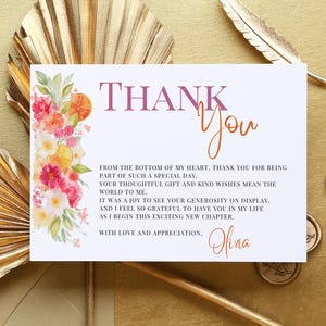 Modèle de carte de remerciement aux agrumes modifiable sur Canva Main Squeeze Orange Floral Bridal Shower Wedding Bachelorette Printable Thank You Note Set DIY