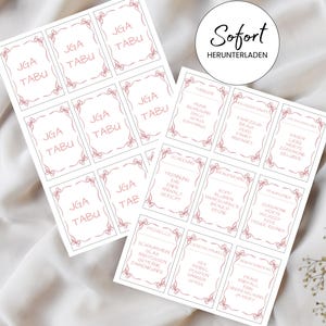 May include: Two sheets of white cards with pink text and decorative borders. The cards feature the text "JGA TABU" and other German words. A circular graphic with the text "Sofort HERUNTERLADEN" is also visible.