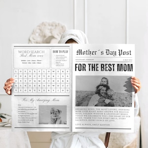 Plantilla de periódico para envolver ramo de flores del Día de la Madre, Canva editable, envoltorio de flores imprimible, tarjeta del Día de la Madre, regalo para mamá primeriza, bricolaje de último minuto