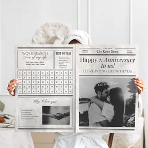Plantilla de periódico de aniversario editable, imprimible en Canva, regalo para esposa, esposo, novio, novia, primer año de relación, recuerdo personalizado para pareja.