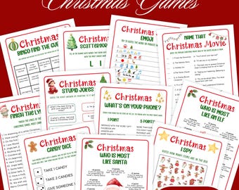 May include: A collection of printable Christmas games, including bingo, trivia, and I Spy. The games feature festive designs with red and green accents, and include titles like "Christmas Emoji" and "Name That Christmas Movie." The words "Instant Download" are also visible.