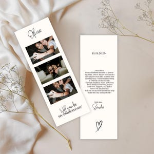 Modèle de bande photo « Veux-tu être ma demoiselle d'honneur » avec carte de proposition de demoiselle d'honneur modifiable sur Canva, invitation de fête de mariage moderne