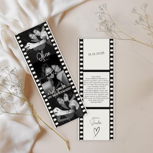Modèle de bande photo « Veux-tu être ma demoiselle d'honneur » avec carte de proposition de demoiselle d'honneur modifiable sur Canva, invitation de fête de mariage moderne