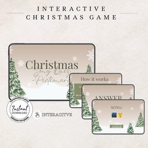Può includere: Un gioco interattivo di Natale visualizzato su un tablet, con un quiz di canzoni natalizie e un dizionario illustrato. Il design include fiocchi di neve, alberi di Natale e il testo "Download istantaneo" e "Modello modificabile".