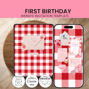 Könnte beinhalten: Digitale Einladungsvorlage zum ersten Geburtstag mit rot-weißem Vichy-Muster. Das Design beinhaltet einen Umschlag mit der Aufschrift "you are invited" und verschiedene dekorative Elemente. Vollständig bearbeitbar in Canva.