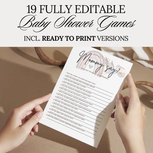 Può includere: Un foglio di gioco per baby shower bianco con il testo "What Did Mommy Say?" e un elenco di domande. Il foglio è tenuto in mano da due mani. La parte superiore del foglio riporta il testo "19 Fully Editable Baby Shower Games."