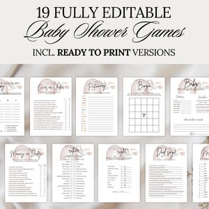 Può includere: Una collezione di 19 giochi per baby shower completamente modificabili, incluse versioni pronte per la stampa. I giochi presentano una palette di colori tenui e neutri con illustrazioni di arcobaleni e cicogne. Il testo include titoli di giochi come "Over or Under" e "Pictionary".