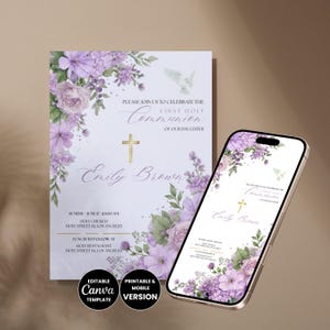 May include: A First Holy Communion invitation and a smartphone displaying the same design. The invitation features floral accents in shades of purple and green, with the text "Emily Brown" and a gold cross. The phone shows a similar layout.