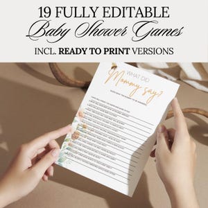 Könnte beinhalten: Ein druckbares Babyparty-Spiel mit dem Titel "What Did Mommy Say?" und einer Bienen-Grafik. Das Spiel enthält Lückentext-Fragen über die werdende Mutter. Das Bild enthält auch den Text "19 Vollständig bearbeitbare Babyparty-Spiele inkl. Druckfertige Versionen."