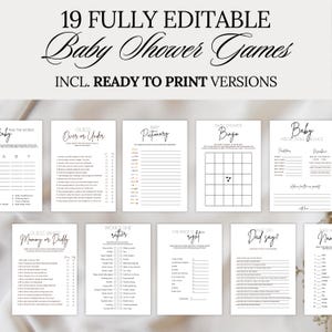 Può includere: Una raccolta di 19 giochi per baby shower completamente modificabili, incluse versioni pronte per la stampa. I giochi includono "Trova le parole", "Indovina sopra o sotto", "Baby Pictionary", "Baby Shower Bingo" e altro ancora. Il testo è in un elegante font.