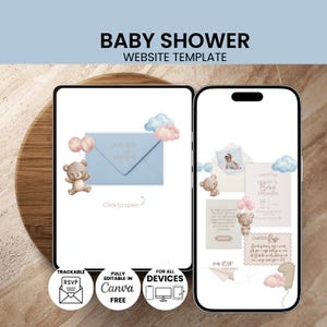 Könnte beinhalten: Eine Babyparty-Website-Vorlage, die auf einem Tablet und Smartphone angezeigt wird. Das Design zeigt einen blauen Umschlag mit der Aufschrift "you are invited", Teddybären, Luftballons und Wolken. Der Text "BABY SHOWER WEBSITE TEMPLATE" steht oben.