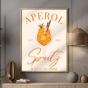 Póster de cóctel Aperol Spritz con impresión artística, decoración de carrito de bar, letrero de bebida de firma vintage, arte de pared moderno, póster digital minimalista retro de Aperol