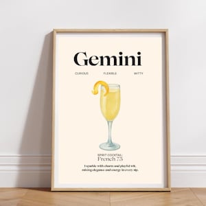 Póster de cóctel del zodiaco con impresión de Géminis, regalo divertido, impresión digital, descarga, arte de pared de moda, impresión del signo zodiacal, decoración de pared de los años 70, arte imprimible del aura, bricolaje