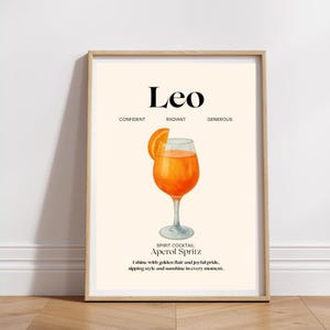Póster de cóctel del zodiaco con estampado de Leo, regalo divertido, impresión digital, descarga, arte de pared de moda, impresión del signo zodiacal, decoración de pared de los años 70, arte imprimible del aura, bricolaje