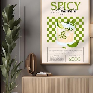 Impresión artística de margarita picante, póster de cóctel, decoración de carrito de bar, letrero de bebida de firma vintage, arte de pared moderno, póster digital retro minimalista de chile