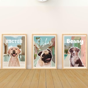 Custom Pet Portrait watercolor hollywood movie poster personalized name pet memorial Art Poster unique pet gift digital file dog mom cat dad