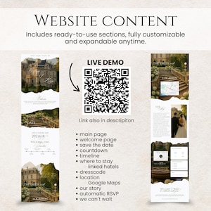 May include: A digital wedding website template featuring two vertical layout previews, a central QR code labelled LIVE DEMO, and a bulleted list of sections including main page, welcome page, save the date, countdown, timeline, and automatic RSVP.