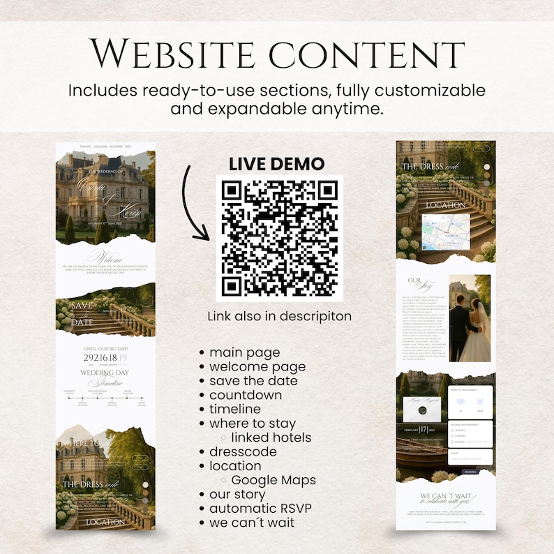 May include: A digital wedding website template featuring two vertical layout previews, a central QR code labelled LIVE DEMO, and a bulleted list of sections including main page, welcome page, save the date, countdown, timeline, and automatic RSVP.
