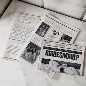Proposta di matrimonio modificabile con bouquet di fiori su giornale, modello stampabile su Canva, regalo "Vuoi essere la mia damigella d'onore?", regalo dell'ultimo minuto fai da te.