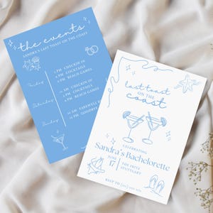 Plantilla personalizada de itinerario de despedida de soltera "Último brindis en la costa" Canva playa The Bach Club Invitación de fin de semana martini costero dibujado a mano DIY