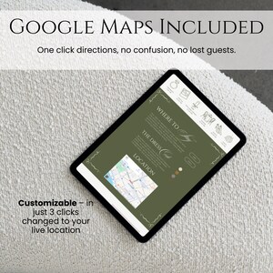 May include: A black tablet displaying a wedding invitation template with a map. The screen reads "Google Maps Included" and "Customizable". The background is a textured, off-white surface.