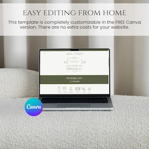 May include: A laptop displaying a wedding invitation template with the text "SAVE THE DATE." The screen shows a design with swans and icons. The text "EASY EDITING FROM HOME" is at the top, with "Canva" logo at the bottom.
