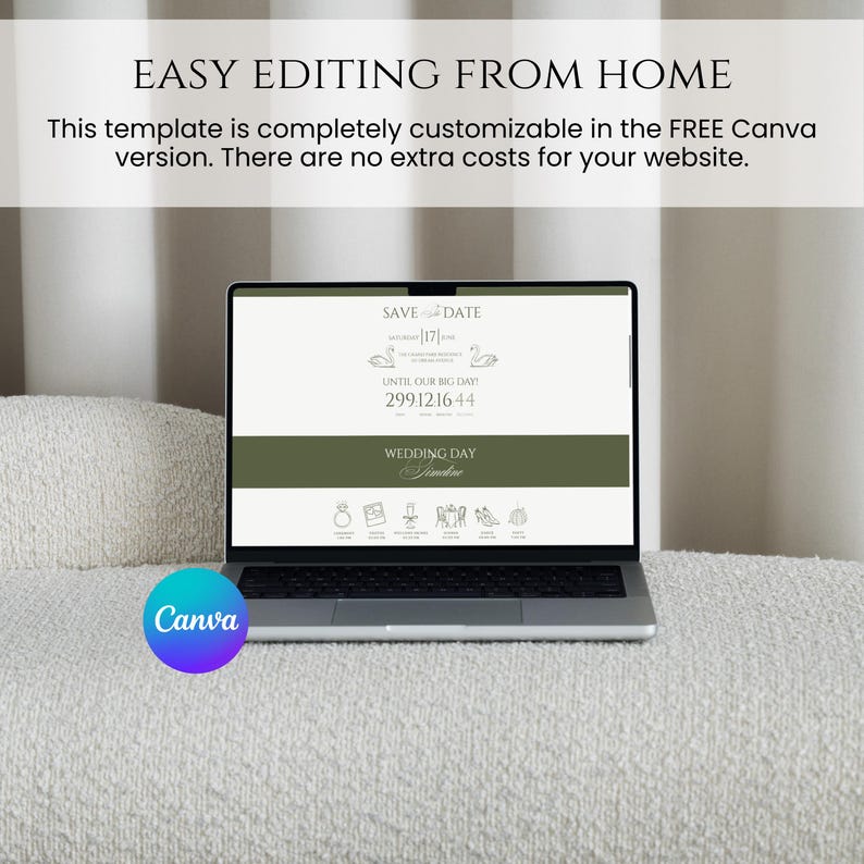 May include: A laptop displaying a wedding invitation template with the text "SAVE THE DATE." The screen shows a design with swans and icons. The text "EASY EDITING FROM HOME" is at the top, with "Canva" logo at the bottom.