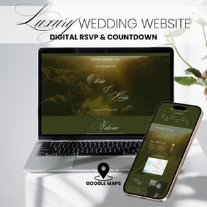 Könnte beinhalten: Ein Laptop und ein Smartphone, die ein Hochzeitswebsite-Design anzeigen. Der Laptop-Bildschirm zeigt den Text "Luxury Wedding Website" und "Digital RSVP & Countdown". Das Smartphone zeigt ein ähnliches Design mit Navigationsoptionen.