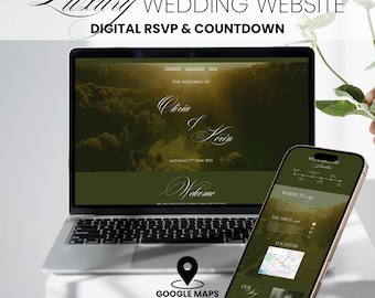 May include: A laptop and smartphone displaying a wedding website design. The laptop screen shows the text "Luxury Wedding Website" and "Digital RSVP & Countdown." The smartphone displays a similar design with navigation options. A Google Maps icon is also visible.