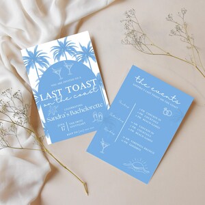 Plantilla personalizada de itinerario de despedida de soltera "Último brindis en la costa" Canva playa The Bach Club Invitación de fin de semana martini costero dibujado a mano DIY