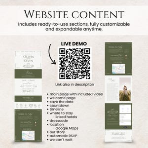 May include: A wedding website design with a green and white color scheme. The design includes sections for the wedding details, a countdown, and a map. The text includes "WEBSITE CONTENT" and "LIVE DEMO". A QR code is also present.