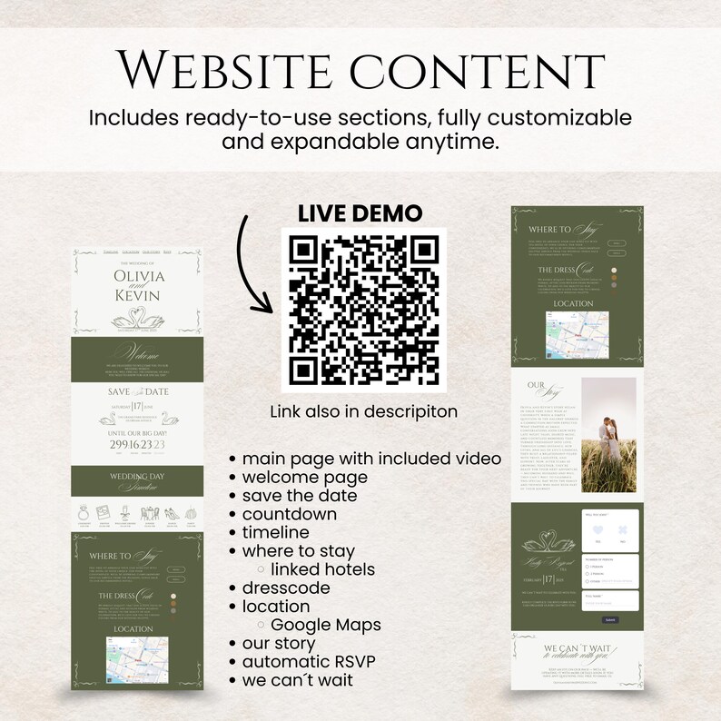 May include: A wedding website design with a green and white color scheme. The design includes sections for the wedding details, a countdown, and a map. The text includes "WEBSITE CONTENT" and "LIVE DEMO". A QR code is also present.