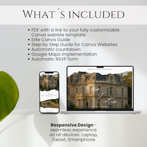 May include: A digital wedding website template displayed on a laptop and smartphone. The text reads WHAT'S INCLUDED, listing PDF, Canva guide, countdown, Google Maps, and RSVP form. The screen shows a chateau with the text THE WEDDING OF OLIVIA & KEVIN.