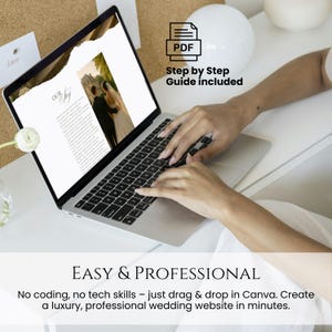 May include: A silver laptop displaying a wedding website template with a photo of a couple and the text Our Story. An icon of a document labelled PDF and the text Step by Step Guide included are visible. Text below reads Easy & Professional.