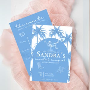 Modelo de itinerário personalizado para despedida de solteira de cowgirl costeira Canva Nashville The Bach Club Convite de fim de semana no martíni de praia do interior costeiro