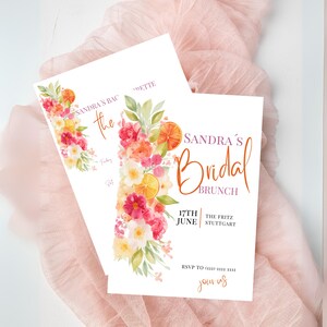 Gepersonaliseerde hoofduitnodiging voor een vrijgezellenfeest, bloemensjabloon Canva, citrusoranje, weekenduitnodiging, bruidsdouche, bruidsbrunch, roze, fel