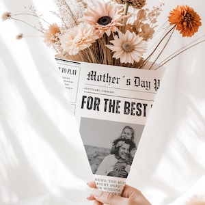 Plantilla de periódico para envolver ramo de flores del Día de la Madre, Canva editable, envoltorio de flores imprimible, tarjeta del Día de la Madre, regalo para mamá primeriza, bricolaje de último minuto