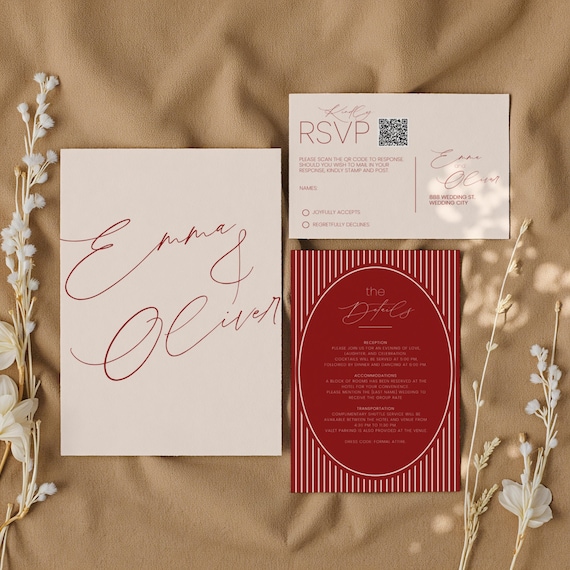 Editable Wedding Invitation Canva Pink Red Striped Elegant RSVP Suite Old Money Style Minimal Modern Whimsical Download Template Set